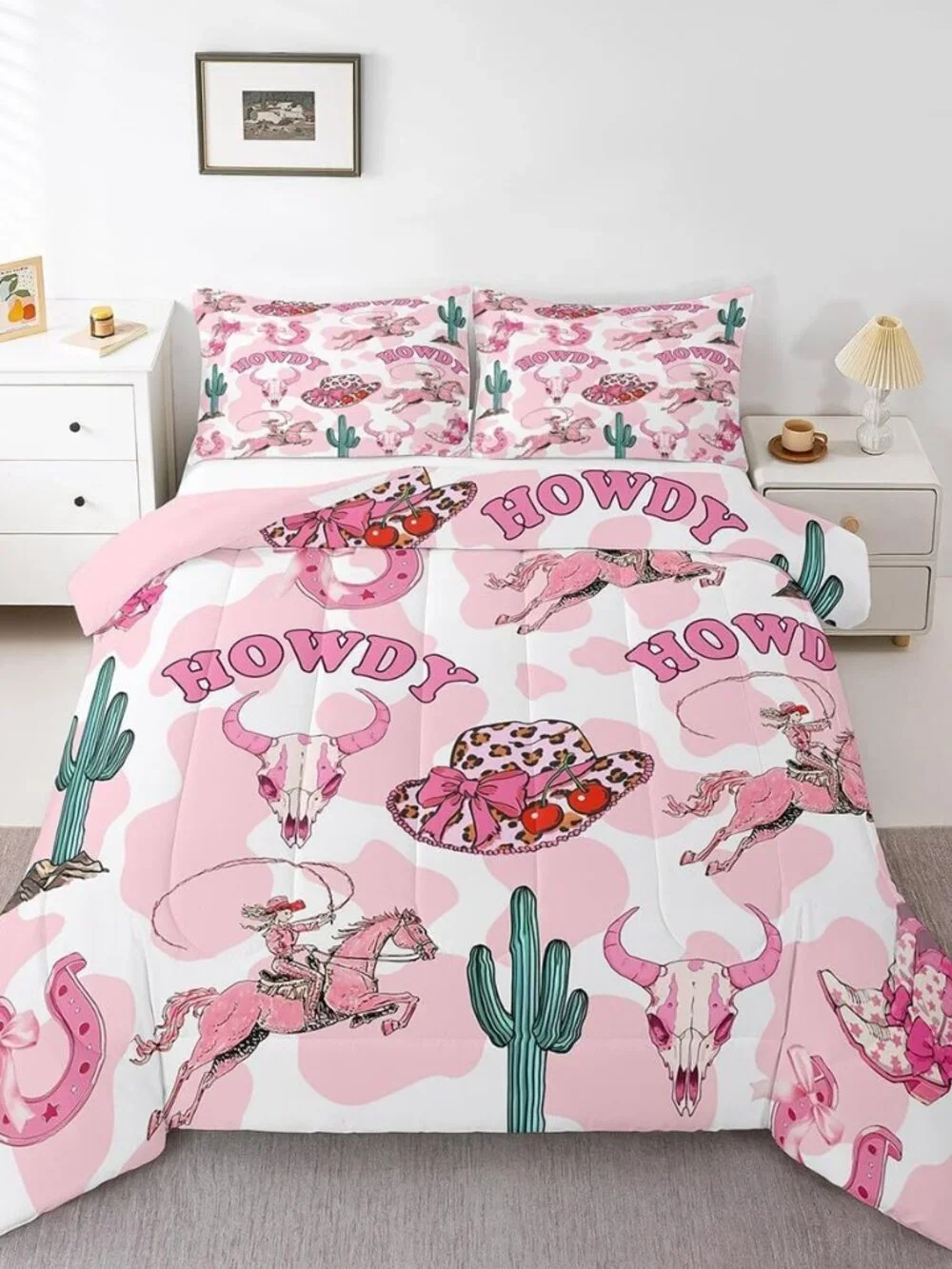 Pink Western Twin Comforter Set,Cowgirl Boots Hats Bows Bedding Sets for Girls K